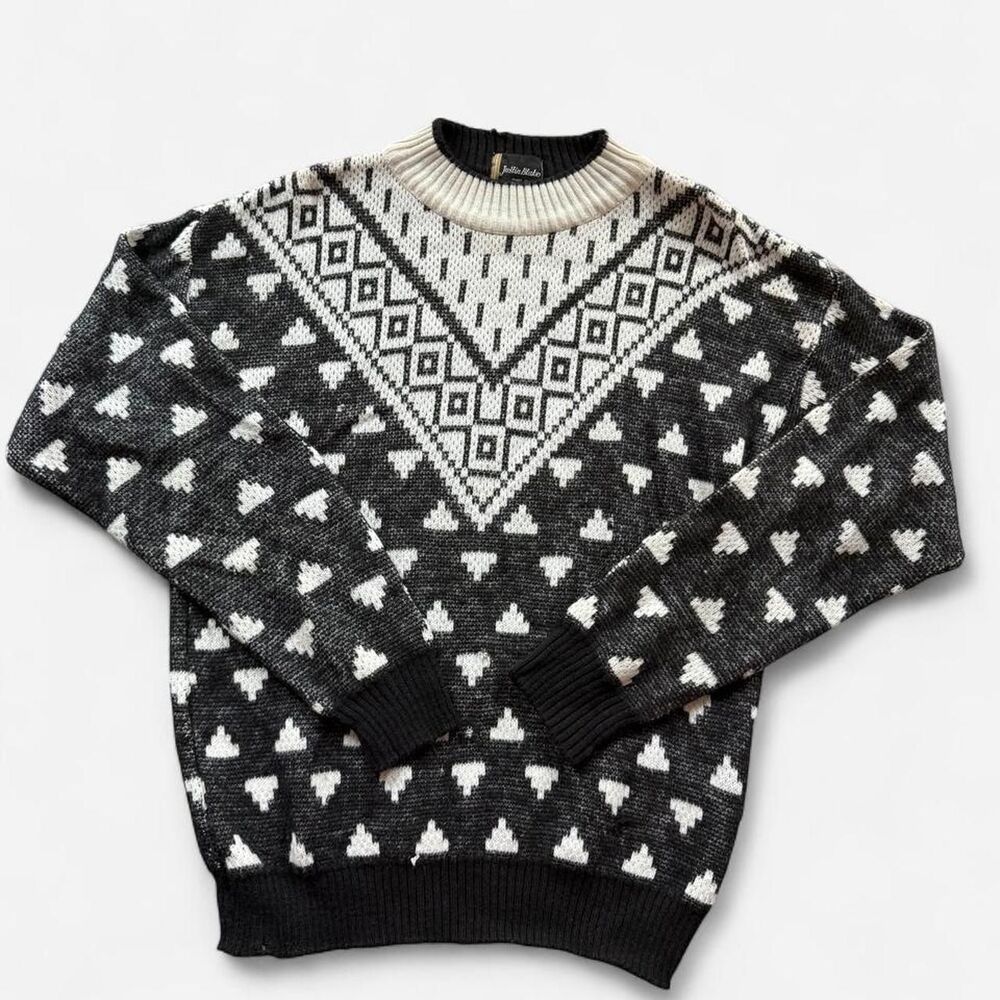 Vintage Geometric sweater chevron yoke mock neck black and white L